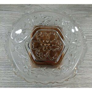 VTG Duncan & Miller Floral Pressed Sandwich Glass Textured Surface Hexagon Bowl